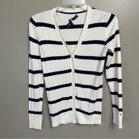 Lot of 2 Pima Cotton Striped Cardigan Tommy Hilfiger Cable Knit V-Neck Nautical - Picture 9 of 16